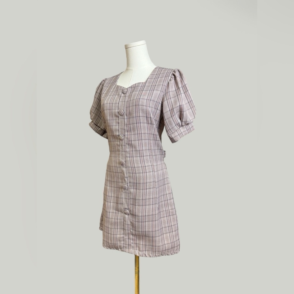 Plaid Dress Women Size Medium Brown Midi Sweetheart Neckline Puff Short Sleeves - Picture 5 of 11